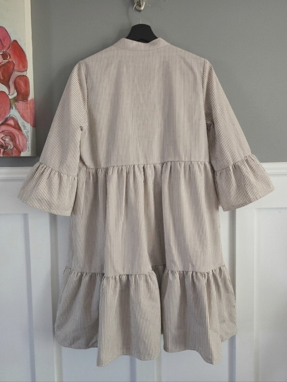 FIMARSTED Prairie-Style Tiered Dress – Beige & White Fine Stripes , Size L - Picture 3 of 13